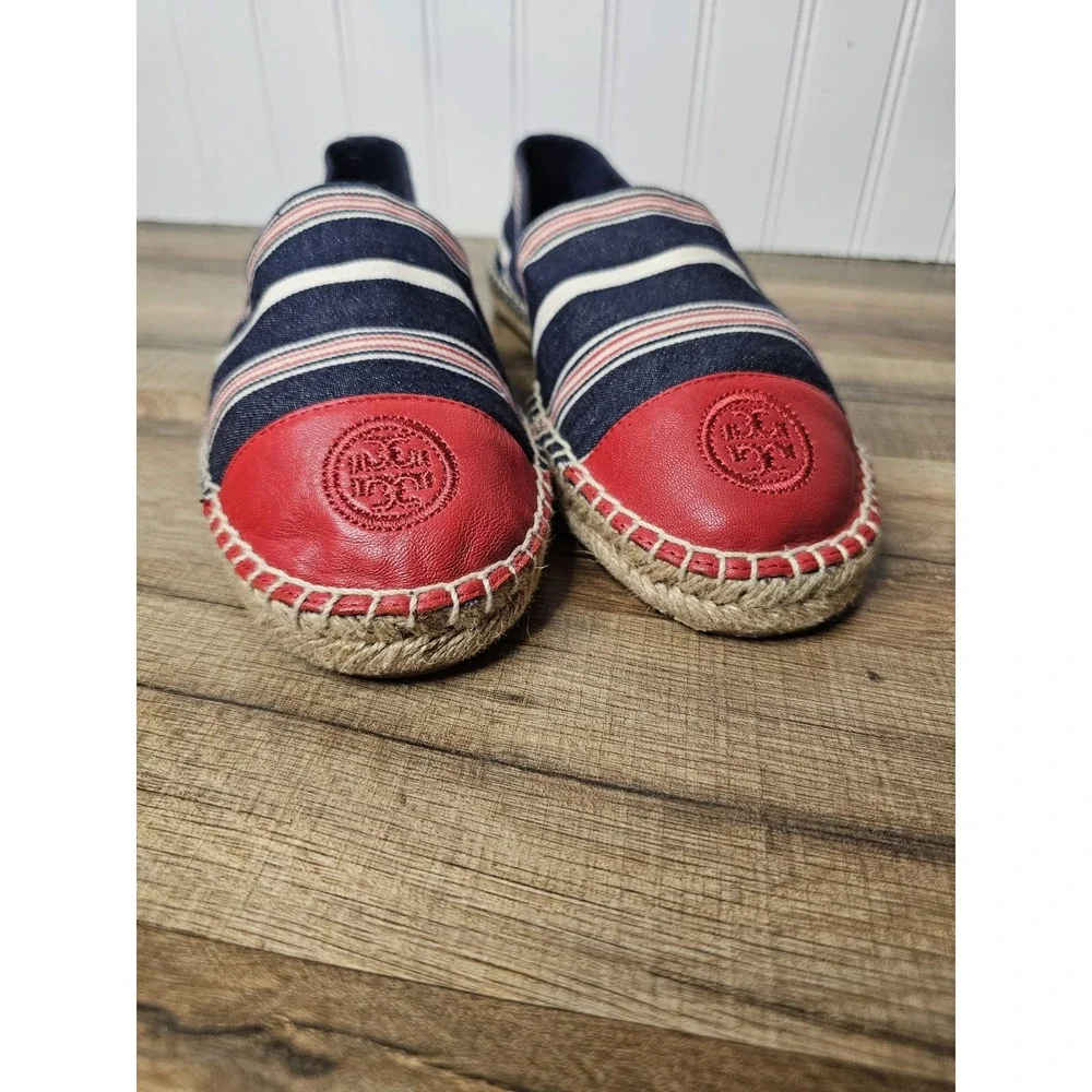 Tory Burch Red Blue White Stripe Cap Toe Leather Espadrilles 10.5 Nautical